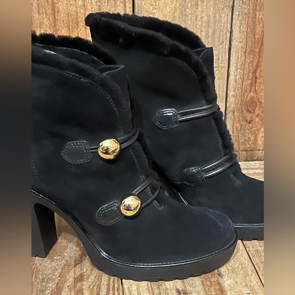 Coach Lenora Suede Boots with Shearling Lining & Logo Button Accents. - Picture 14 of 16